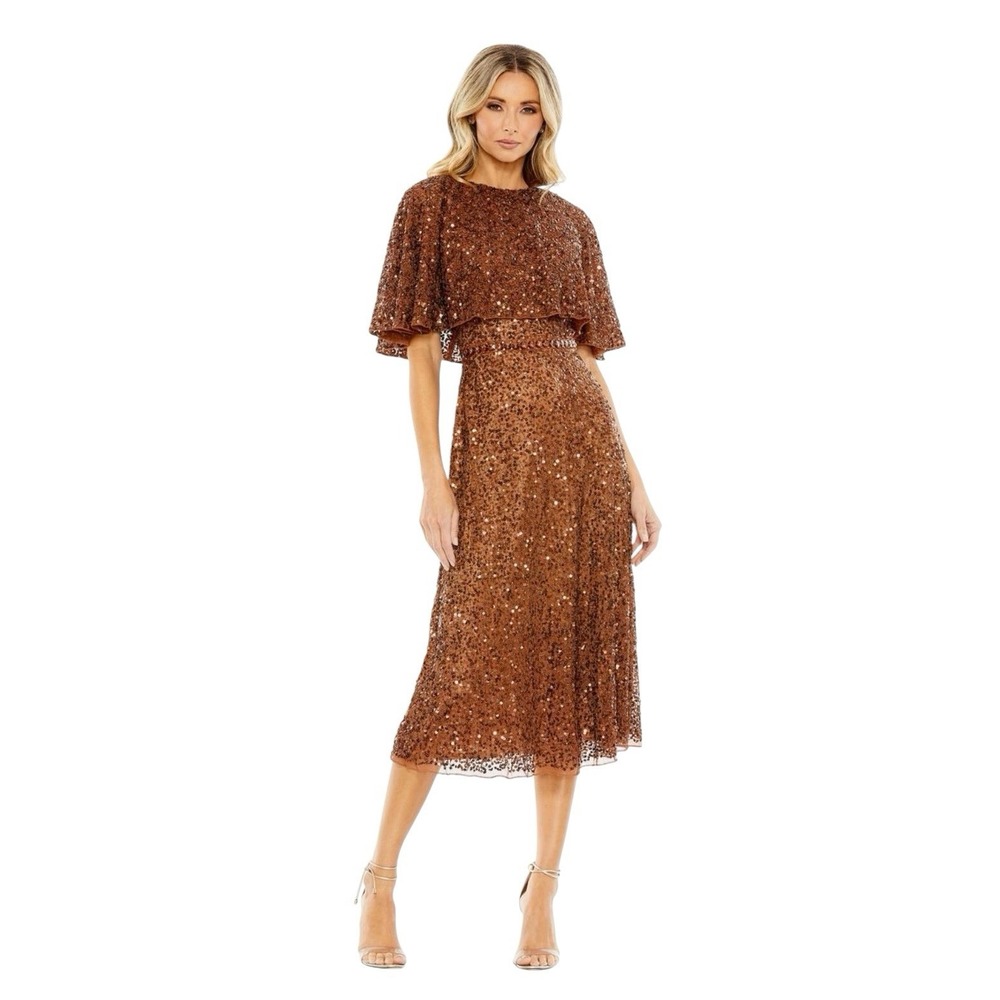 Mac Duggal 5577 Copper Brown Sequin Cape Sleeve High Neck‎ Dress Size 10 $498